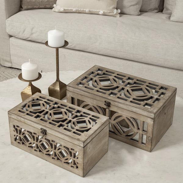 Estooki Set of 2 Natural Wood Mirrored Boxes