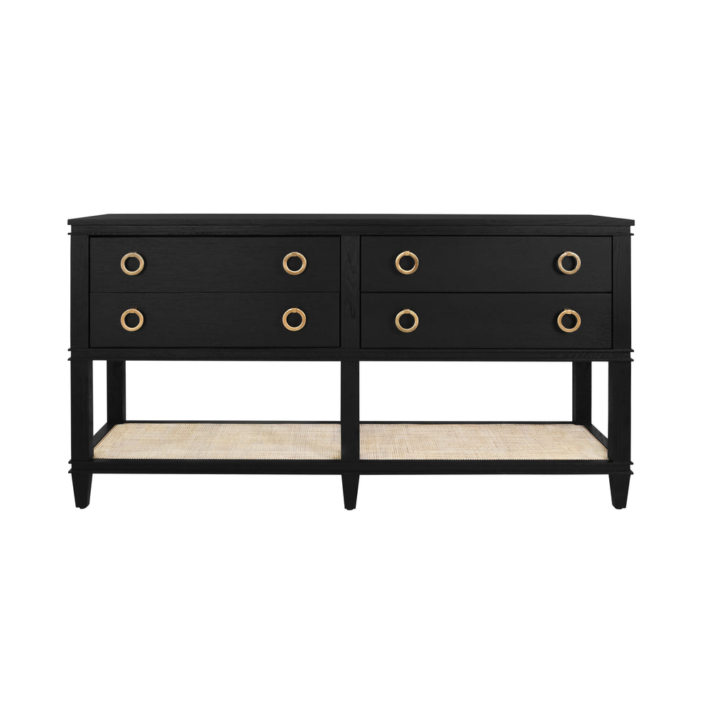 FOUR DRAWER CONSOLE WITH OPEN CANE SHELF IN BLACK OAK