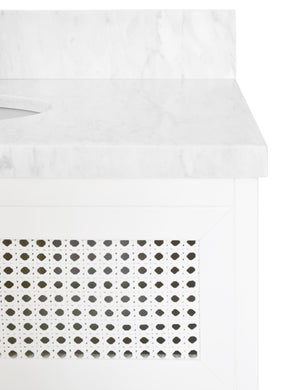 BATH VANITY IN MATTE WHITE LACQUER WITH CANE FRONT DRAWERS, WHITE MARBLE TOP, AND PORCELAIN SINK