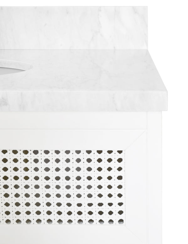 BATH VANITY IN MATTE WHITE LACQUER WITH CANE FRONT DRAWERS, WHITE MARBLE TOP, AND PORCELAIN SINK