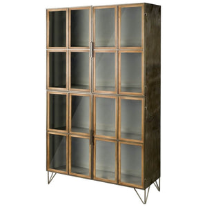 Pandora I 74" H Brown Wood and Metal Glass Door Display Cabinet