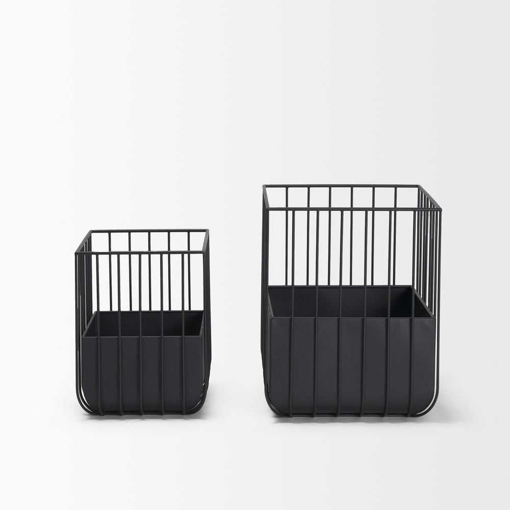Verna Matte Black Wire Cage Metal Planters (Set of 2)