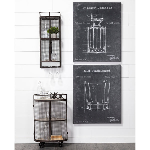 Saluti II Black Metal Frame cage w/three wood shelves oval Bar Cart