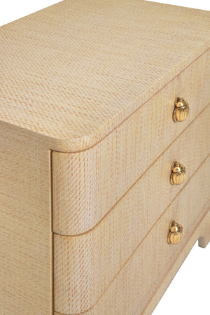 THREE DRAWER ROUNDED EDGE SIDE TABLE WITH BRASS BEETLE KNOB IN NATURAL GRASSCLOTH