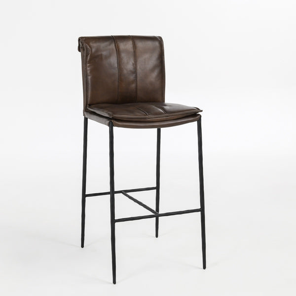 Mayer Leather Bar Stool with Hammered Iron Legs