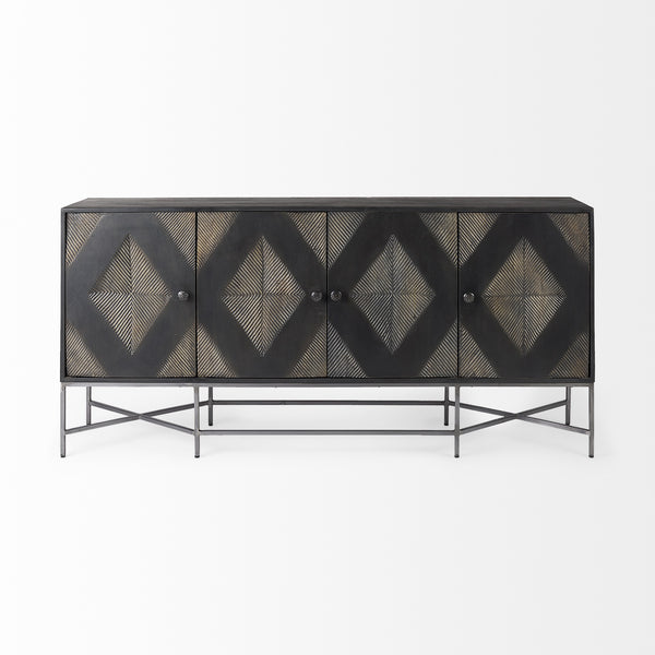 Hogarth I 72x15 Two-Tone Brown Solid Wood Base Silver Frame 4 Cabinet Sideboard