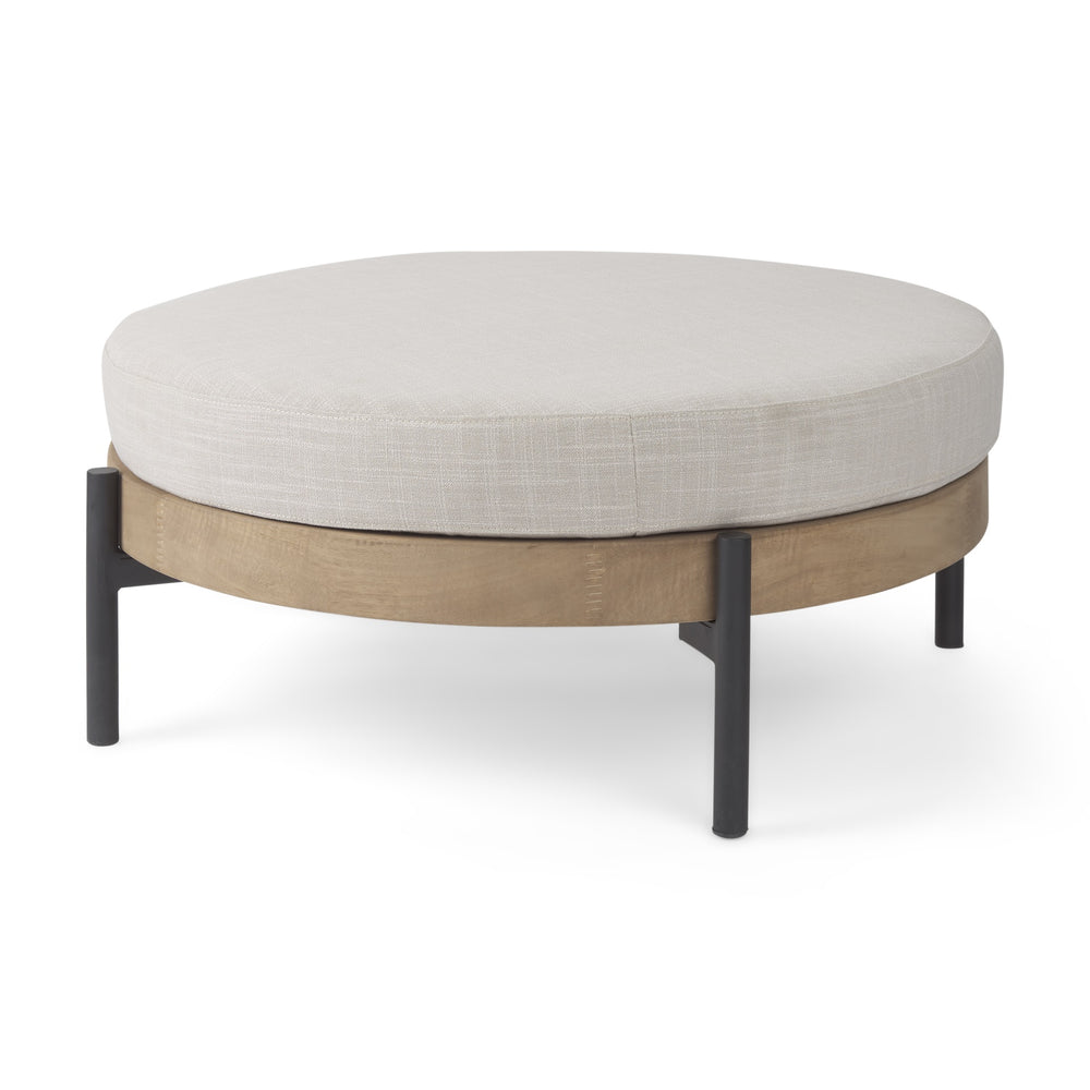 Colburne Cream Fabric w/ Brown Wood Round Ottoman
