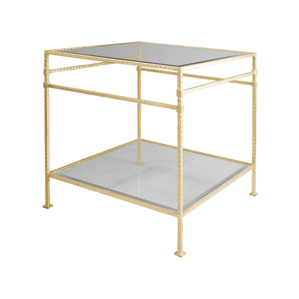 TWO TIER SQUARE TABLE WITH GLASS TOP IN HAMMERED GOLD LEAF