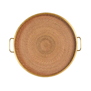 ROUND NATURAL RATTAN TRAY WITH BRASS RIM AND HANDLES