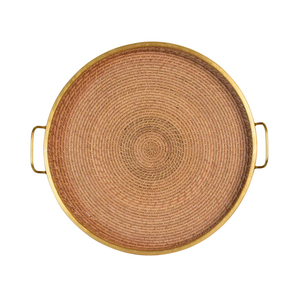 ROUND NATURAL RATTAN TRAY WITH BRASS RIM AND HANDLES