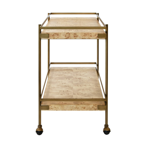 ANTIQUE BRASS BAR CART WITH SHELVES IN BURL WOOD
