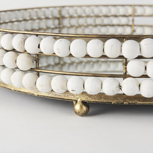 Decatur I 21L x 21W White Wooden Bead Mirrored Bottom Round Tray