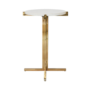 ROUND SIDE TABLE WITH BRASS X BASE AND WHITE MARBLE TOP