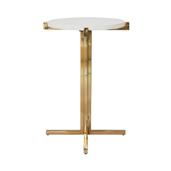 ROUND SIDE TABLE WITH BRASS X BASE AND WHITE MARBLE TOP