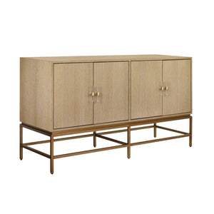 FOUR DOOR BUFFET WITH ANTIQUE BRASS METAL BASE IN CERUSED OAK