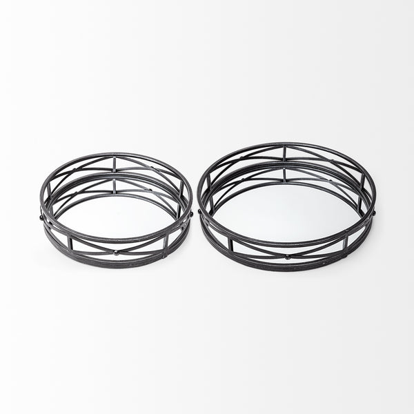 Piers (Set of 2) Black Metal Mirrored Round Trays
