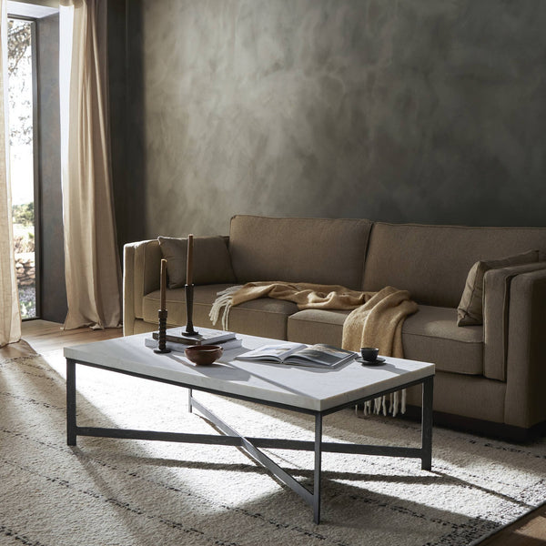 Hammered Iron Coffee Table In White Marble