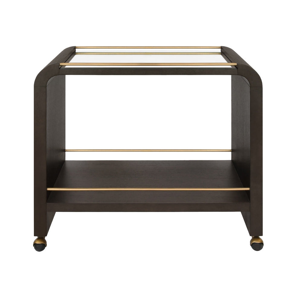 WATERFALL EDGE BAR CART WITH ANTIQUE BRASS RAILS IN ESPRESSO OAK