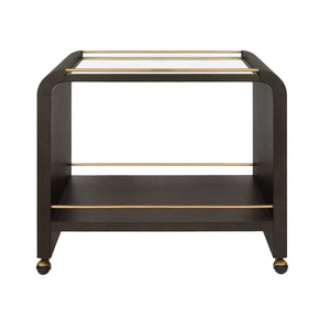WATERFALL EDGE BAR CART WITH ANTIQUE BRASS RAILS IN ESPRESSO OAK