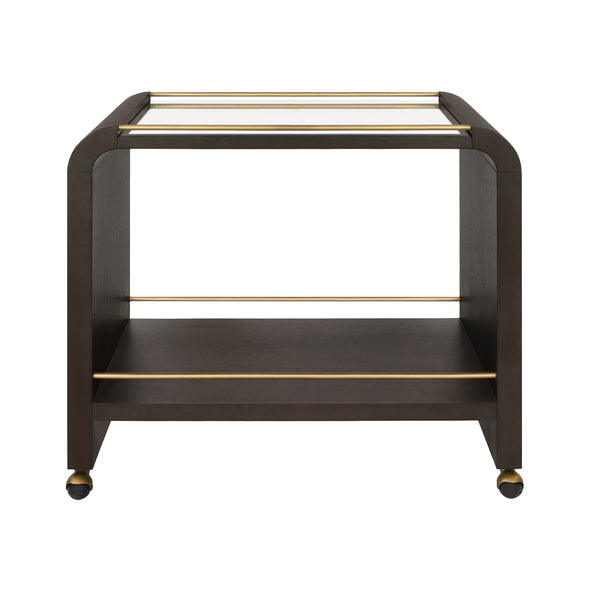 WATERFALL EDGE BAR CART WITH ANTIQUE BRASS RAILS IN ESPRESSO OAK