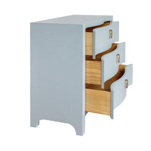 CURVED FRONT CHEST WITH THREE DRAWERS IN WHITE LIGHT BLUE TEXTURED LINEN WITH SATIN BRASS RING HARDWARE