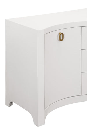 CURVED FRONT TWO DOOR THREE DRAWER BUFFET IN TEXTURED WHITE LINEN WITH SATIN BRASS RING HARDWARE