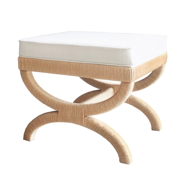 NATURAL ROPE WRAPPED BASE STOOL WITH WHITE LINEN CUSHION