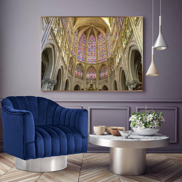 Noel Accent Chair In Navy Velvet And Chrome Swivel Base