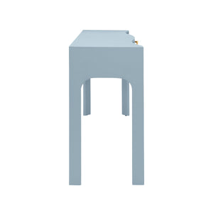 CURVED FRONT CONSOLE WITH THREE DRAWERS IN TEXTURED LIGHT BLUE LINEN WITH SATIN BRASS RING HARDWARE AND GLASS TOP