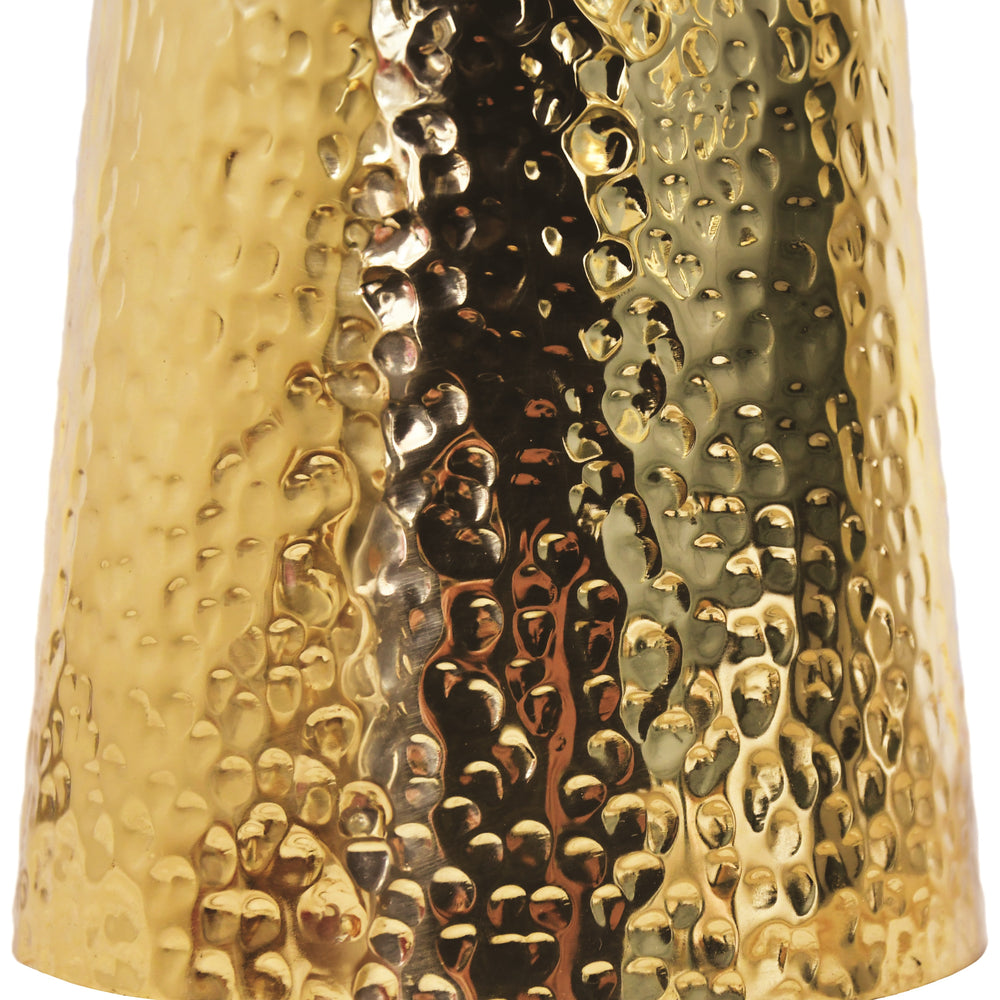 HAMMERED BRASS SIDE TABLE WITH TAPERED BASE AND ROUND WHITE MARBLE TOP