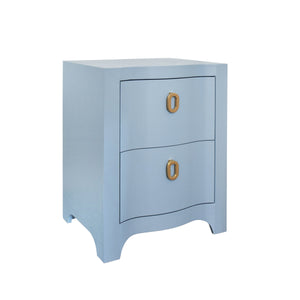 CURVED FRONT SIDE TABLE WITH TWO DRAWERS IN LIGHT BLUE TEXTURED LINEN WITH SATIN BRASS RING HARDWARE