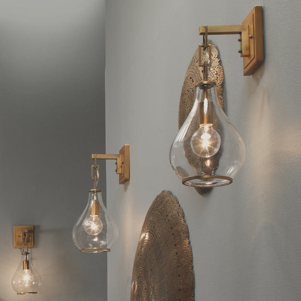 Tear Drop Hanging Wall Sconce, Clear Glass and Antique Brass