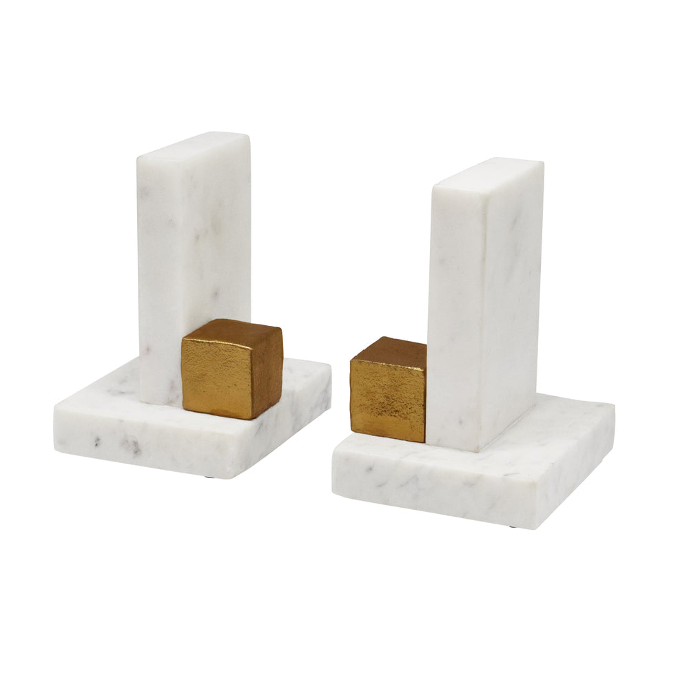 PAIR OF WHITE MARBLE BOOKENDS WITH BRASS SQUARE DETAIL