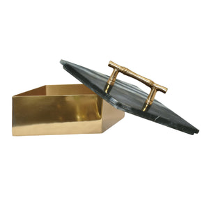 LARGE DIAMOND SHAPED BRASS BOX WITH BLACK MARBLE TOP AND BRASS BAMBOO HANDLE