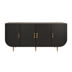FOUR DOOR BUFFET WITH CURVED BOTTOM CORNERS AND STONE HARDWARE IN BLACK PAINTED GRASSCLOTH