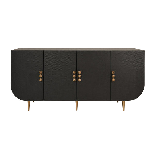 FOUR DOOR BUFFET WITH CURVED BOTTOM CORNERS AND STONE HARDWARE IN BLACK PAINTED GRASSCLOTH