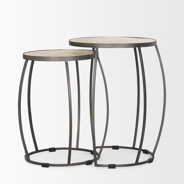 Clapp Round Light Brown W/ White Wash Wood and Silver Metal Nesting Accent Tables (Set of 2)