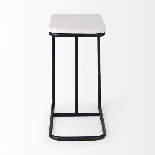 Kyra 12.0L x 20.0W x 23.0H White Marble Top W/Black Iron Frame C-Shaped End and Side Table