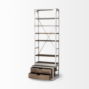 Brodie III 32L x 22W x 94H  Medium Brown Wood Silver Accent Four Shelf Shelving Unit