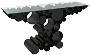 Paradox Console Table in Matte Black Industrial Steel with Glass Top