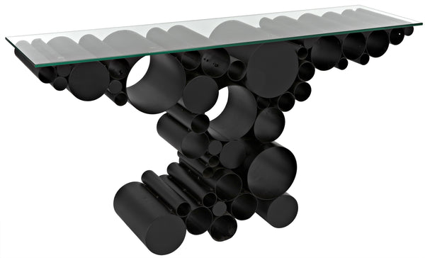 Paradox Console Table in Matte Black Industrial Steel with Glass Top