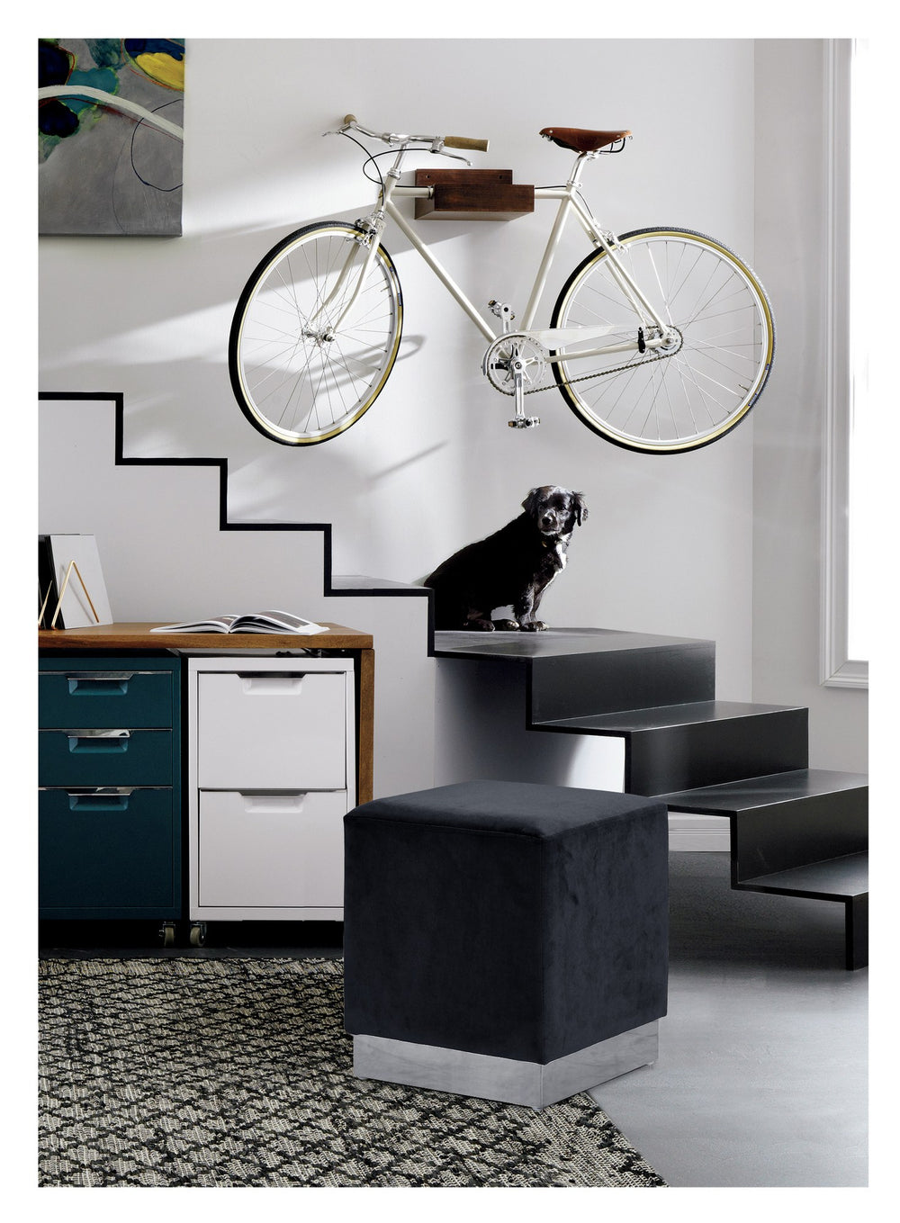 Daniel Ottoman/Stool In Black Velvet and Chrome