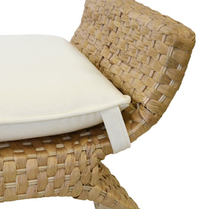 ARCHED BENCH IN WOVEN WATER HYACINTH WITH PERFORMANCE IVORY LINEN CUSHION