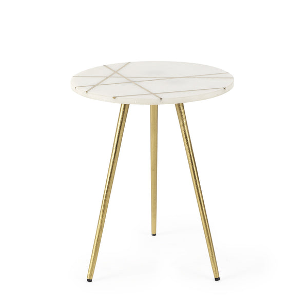 Vivienne  16.0L x 16.0W x 19.0H White Marble W/Antique Gold Metal Round Small Side Table