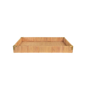 SMALL RECTANGULAR NATURAL RATTAN WRAPPED TRAYS WITH BRASS CORNERS