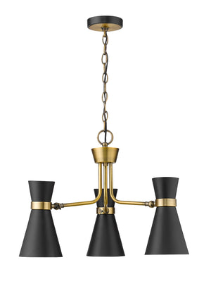 Soriano 3 Light Chandelier in Matte Black + Heritage Brass Finish