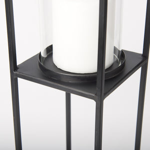 Cindy Set of 2 Matte Black Metal and Hurricane Glass Pillar Tabletop Candle Holders