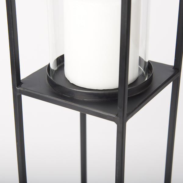 Cindy Set of 2 Matte Black Metal and Hurricane Glass Pillar Tabletop Candle Holders
