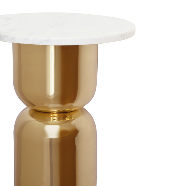 HOURGLASS BRASS BASE SIDE TABLE WITH ROUND WHITE MARBLE TOP