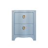 CURVED FRONT SIDE TABLE WITH TWO DRAWERS IN LIGHT BLUE TEXTURED LINEN WITH SATIN BRASS RING HARDWARE